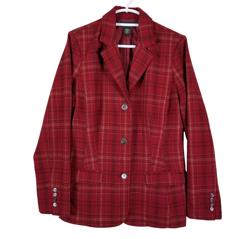Eddie Bauer Red Plaid 100% Wool Blazer Jacket Womens Large Tall L T 3-Button